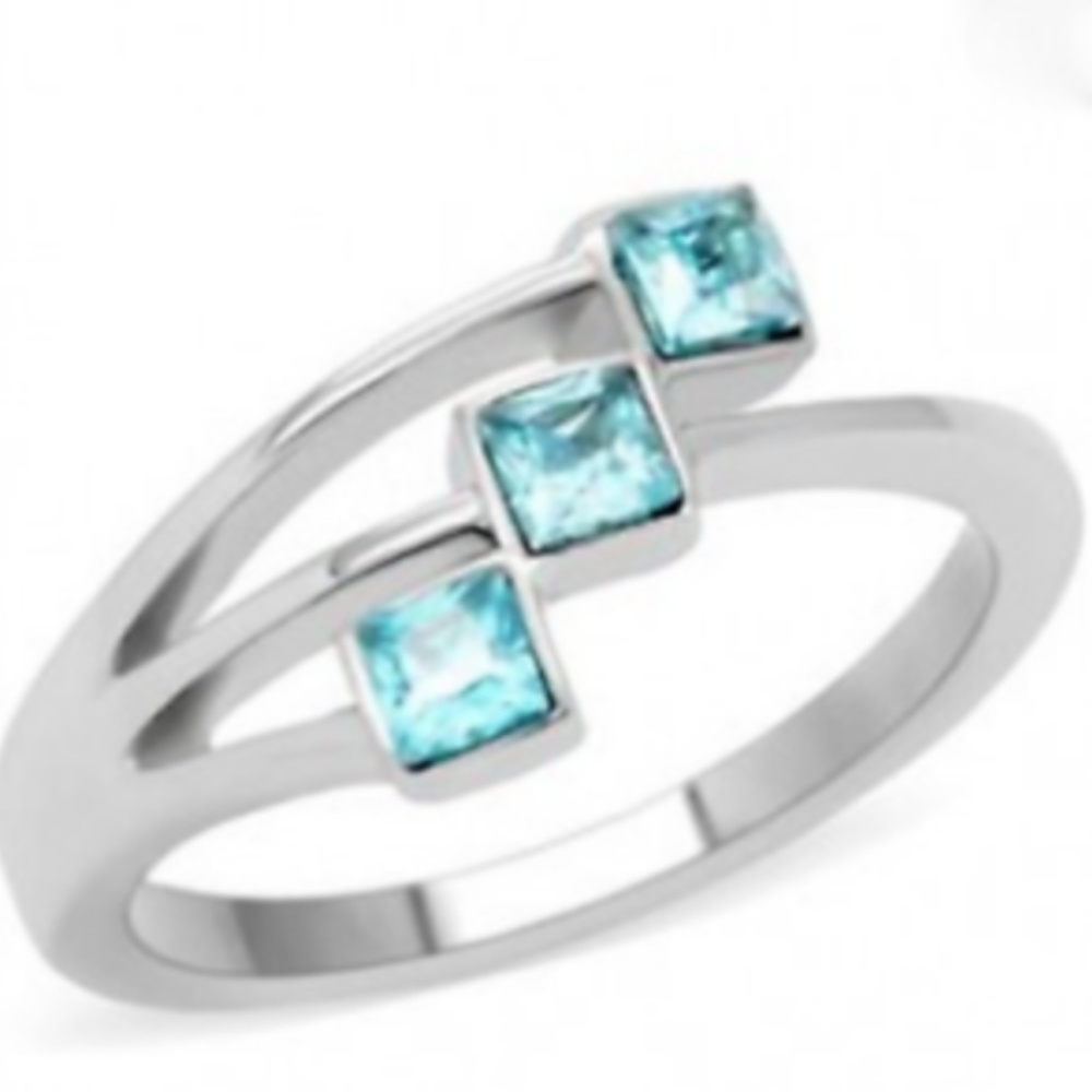 Silver Tone Art Deco Cocktail Ring Stainless Size 6 7 9 Aqua Cubic Zirconia